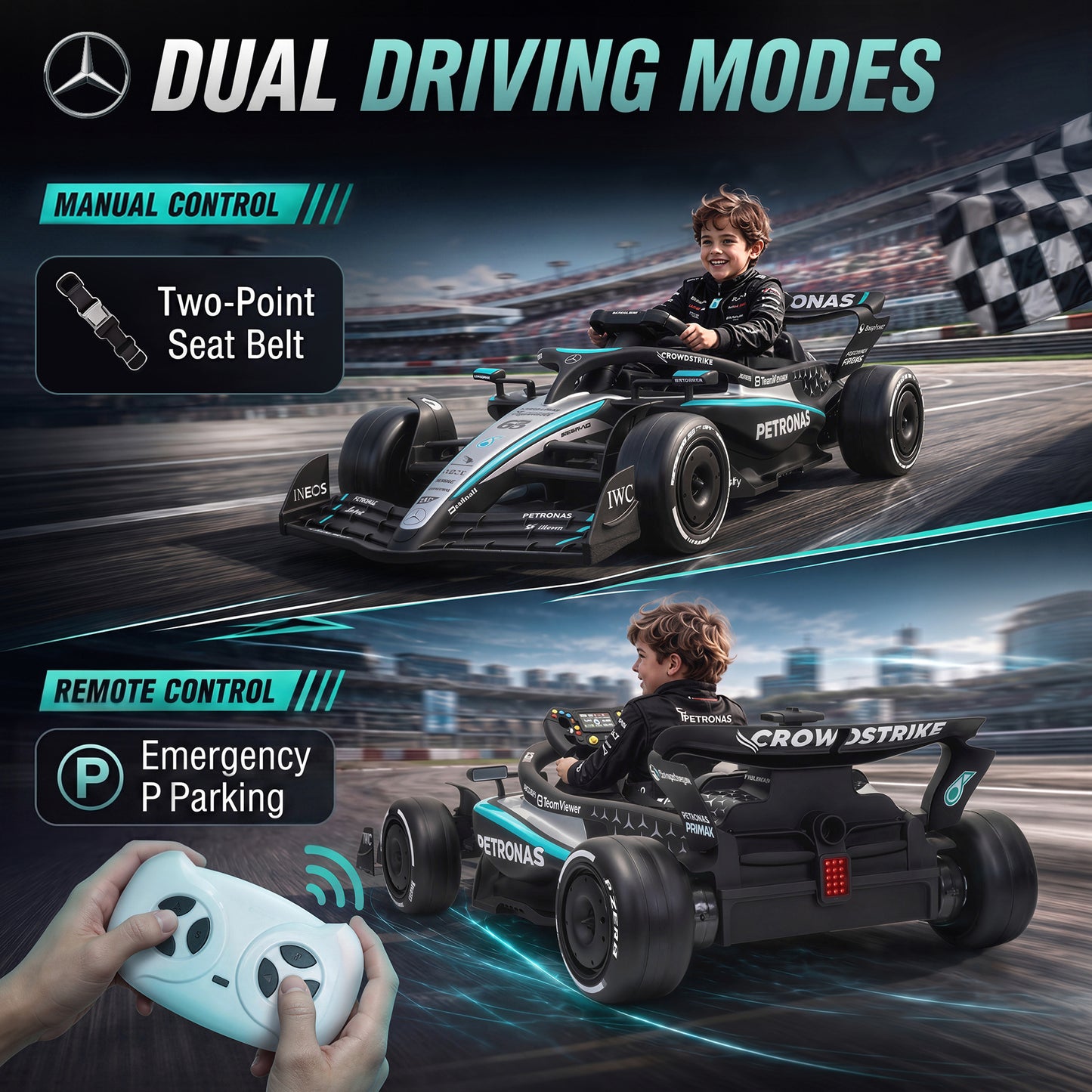 Licensed Mercedes-AMG PETRONAS F1 Electric Go Kart for Kids 3-5