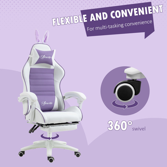 Racing Gaming Chair, Reclining PU Leather Computer Chair with Removable Rabbit Ears, Footrest, Headrest and Lumber Support, Purple