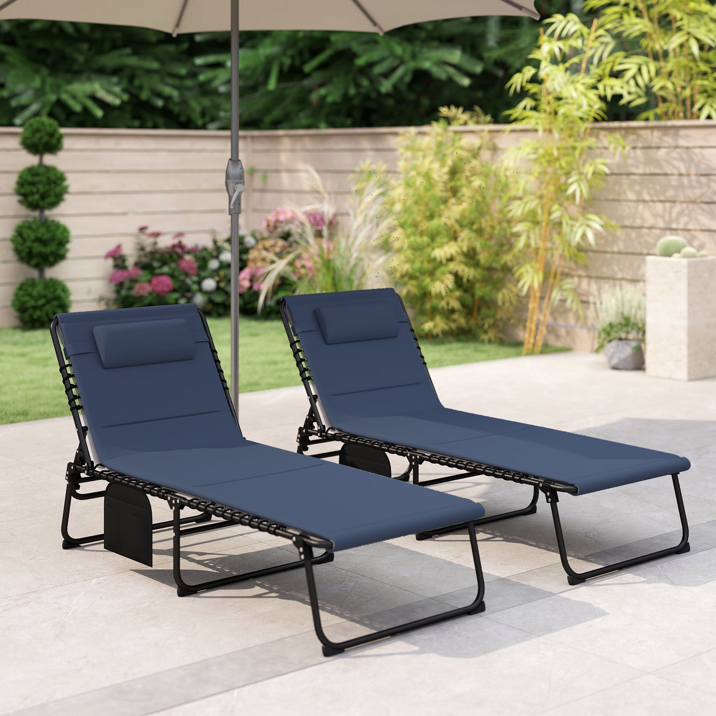 Folding Sun Loungers Set of 2, Reclining Sun Bed, Dark Blue