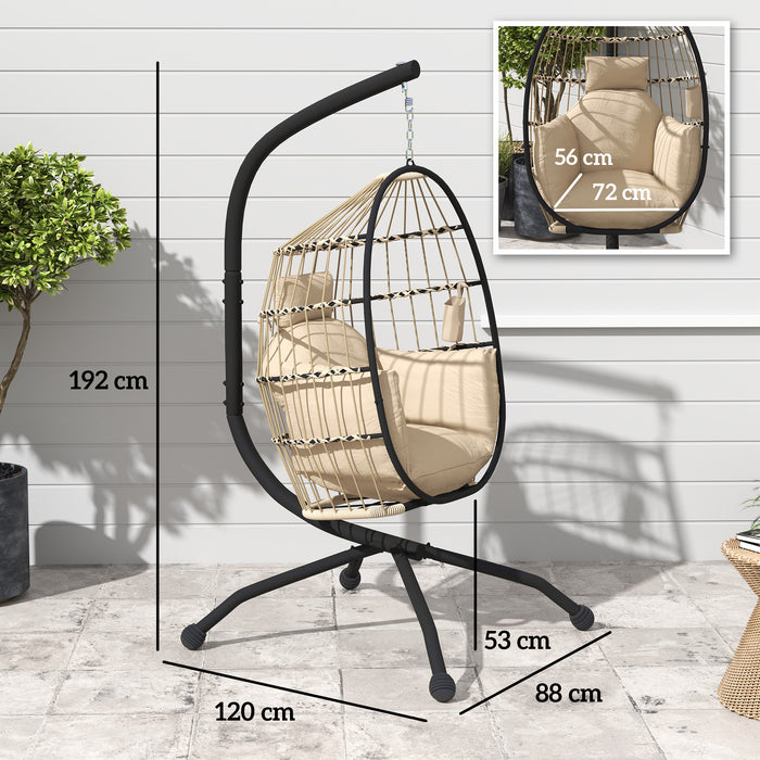 Egg Chair Outdoor Indoor Garden Swing Chair, Folding Basket, Khaki