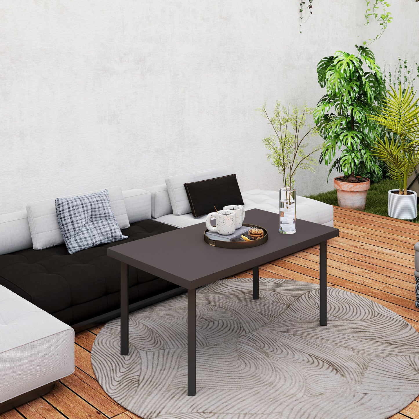 Metal Garden Coffee Table with Woodgrain Tabletop, Brown