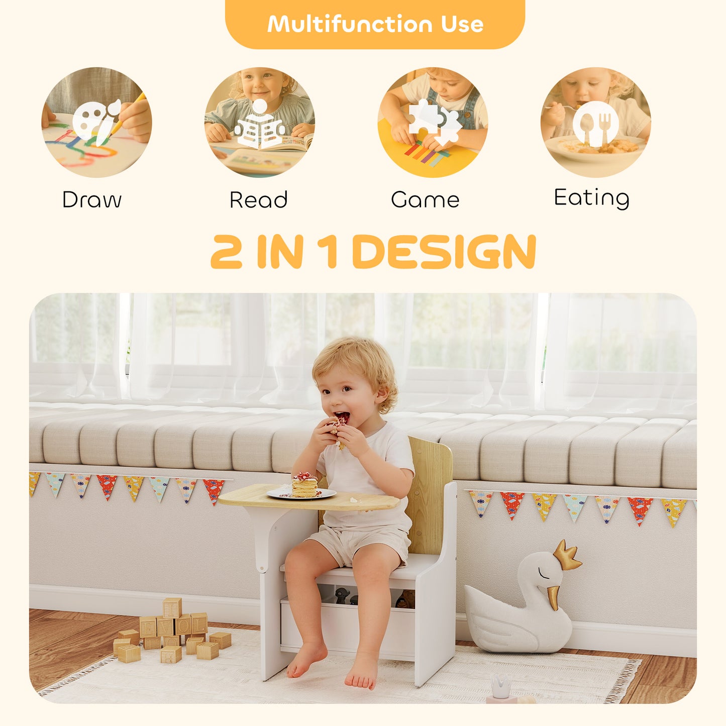 Kids Table and Chair Set, Toddler Desk Chair with Storage Bins