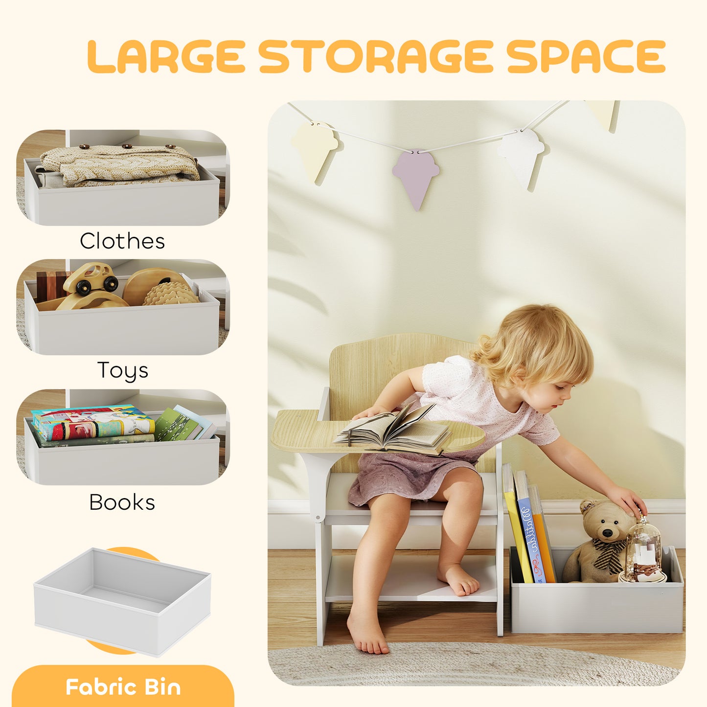 Kids Table and Chair Set, Toddler Desk Chair with Storage Bins