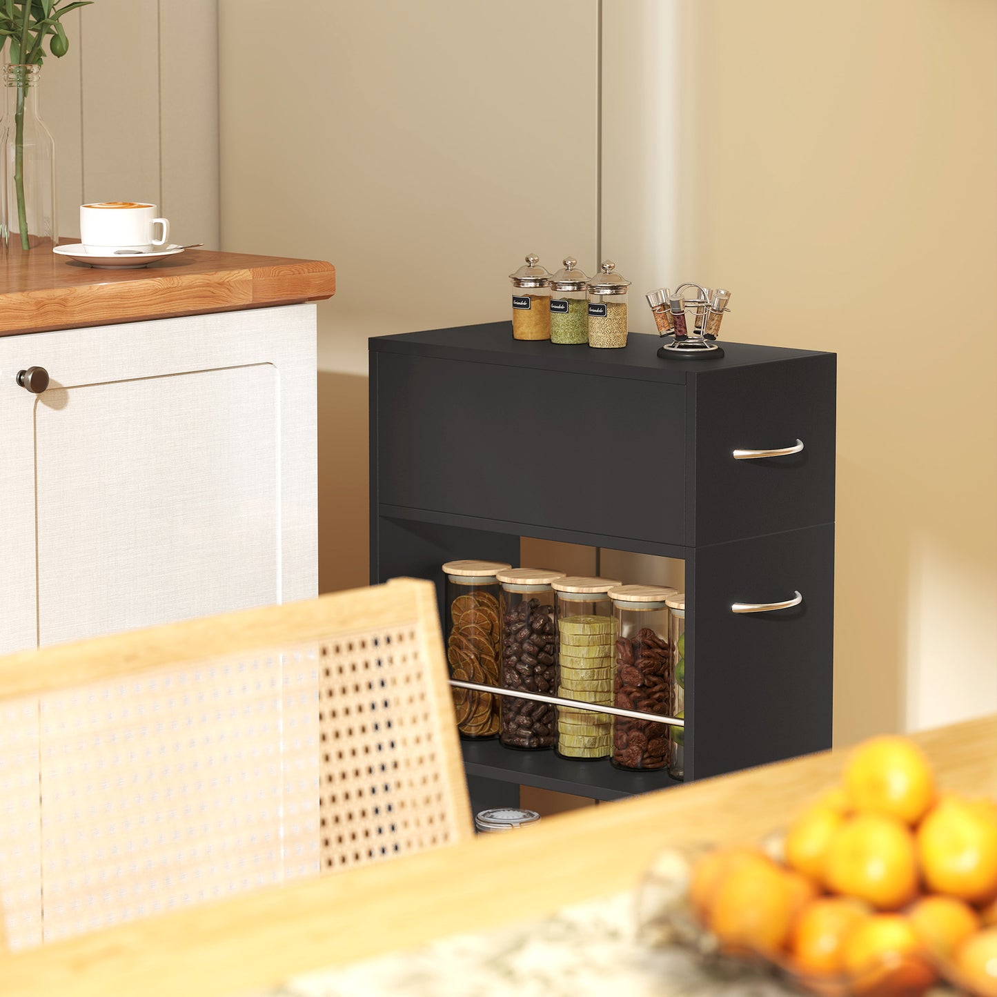 Rolling Storage Unit with Drawer Surface Top and 4 Wheels, Black