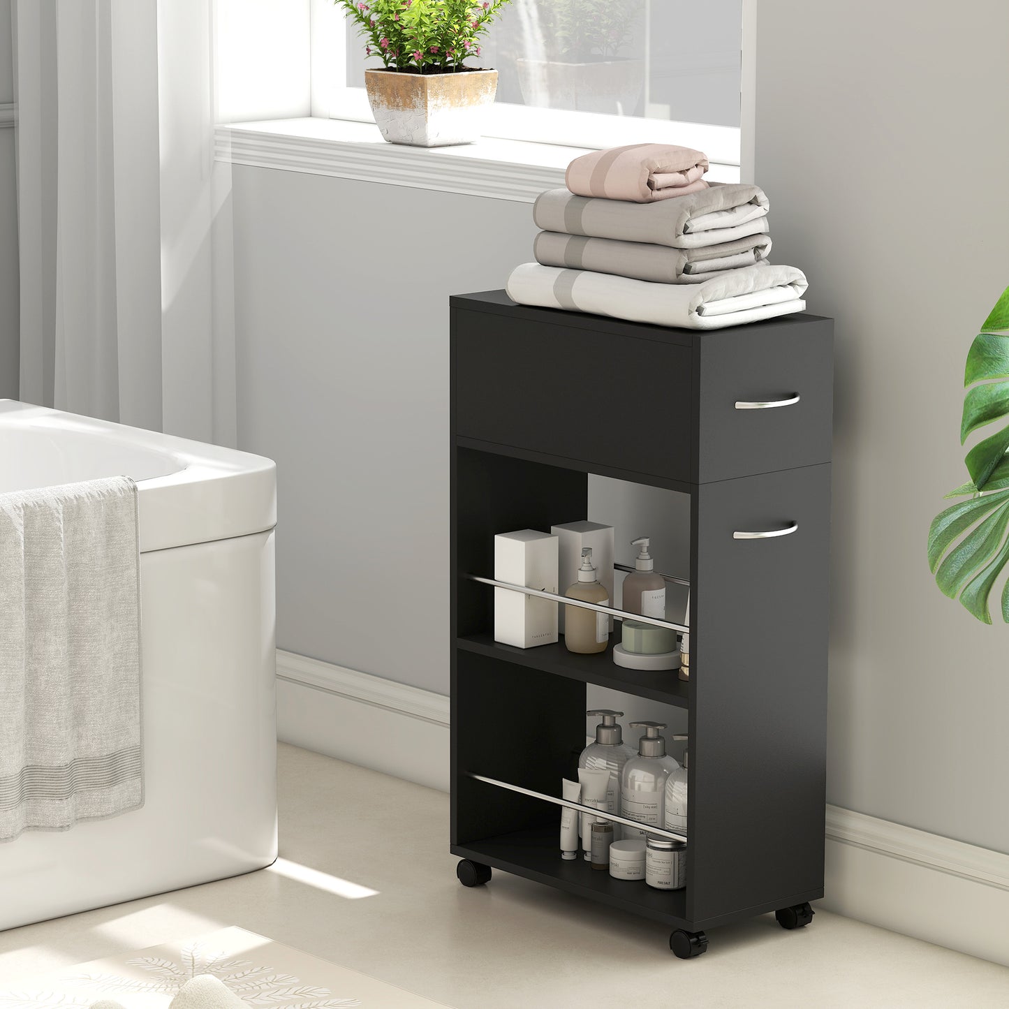 Rolling Storage Unit with Drawer Surface Top and 4 Wheels, Black