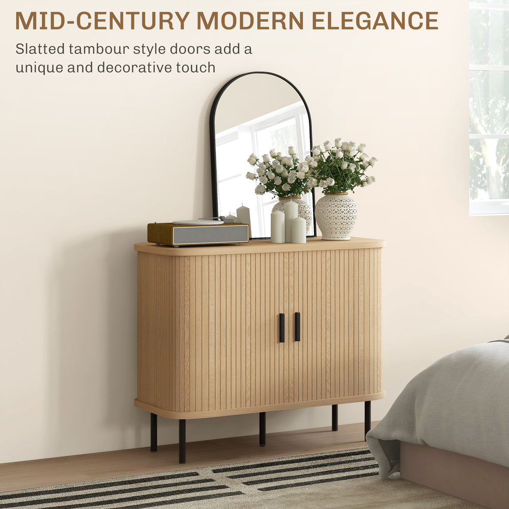 Sideboard Storage Cabinet with Slatted Tambour Sliding Doors Oak Tone