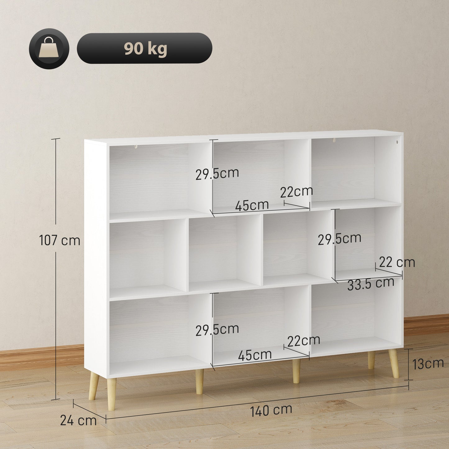 Bookshelf with 10 Cubbies, 3-Tier Book Shelf with Wood Legs, White