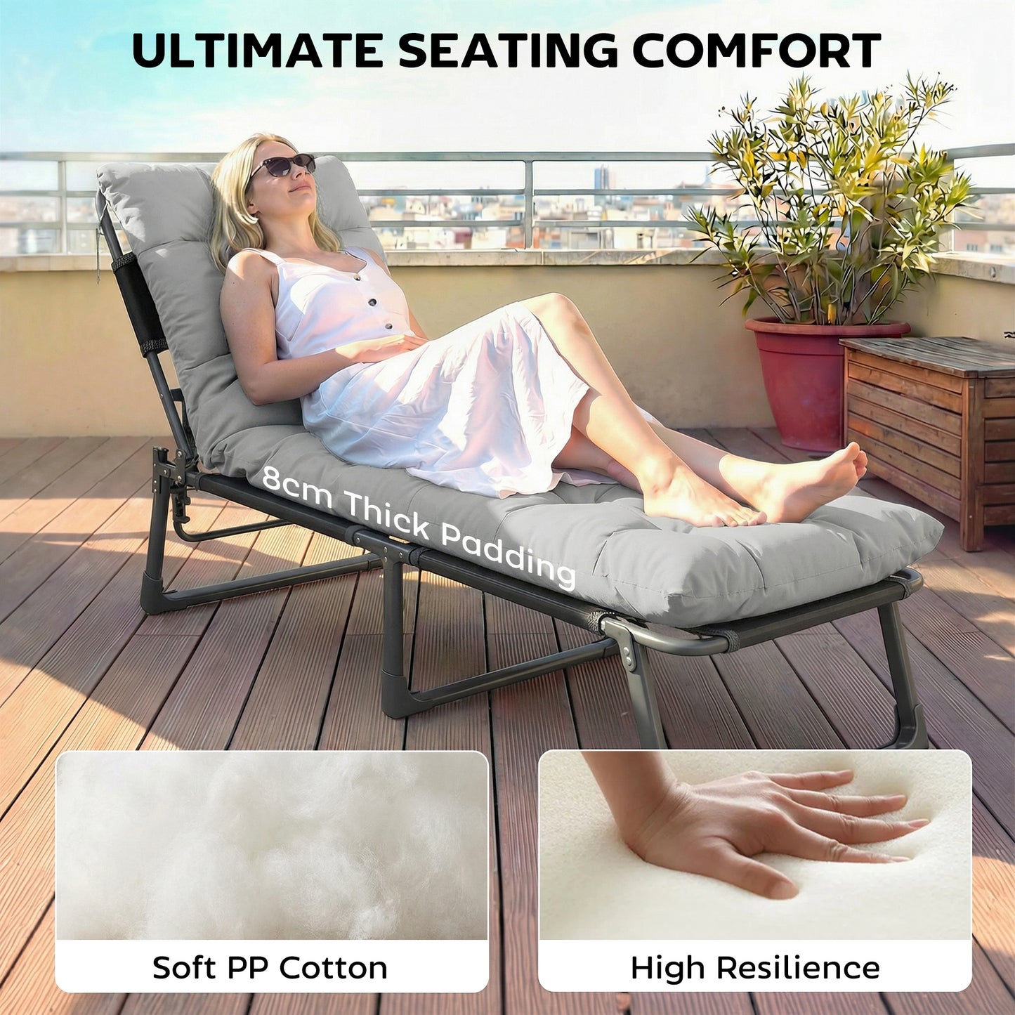 Sun Lounger Cushions Only, Sunbed Replacement Pads with 4 Ties