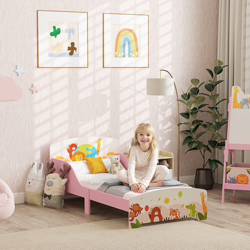 Toddler Bed, Cute Animal-Themed Kids Bed Frame with Safety Rails, Kids Bedroom Furniture, 143 x 77 x 60cm, Pink