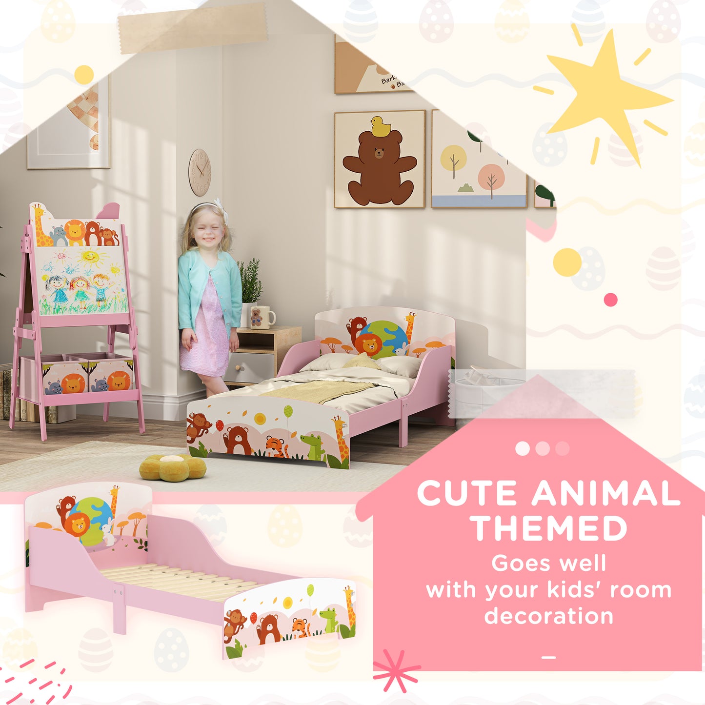 Toddler Bed, Cute Animal-Themed Kids Bed Frame with Safety Rails, Kids Bedroom Furniture, 143 x 77 x 60cm, Pink