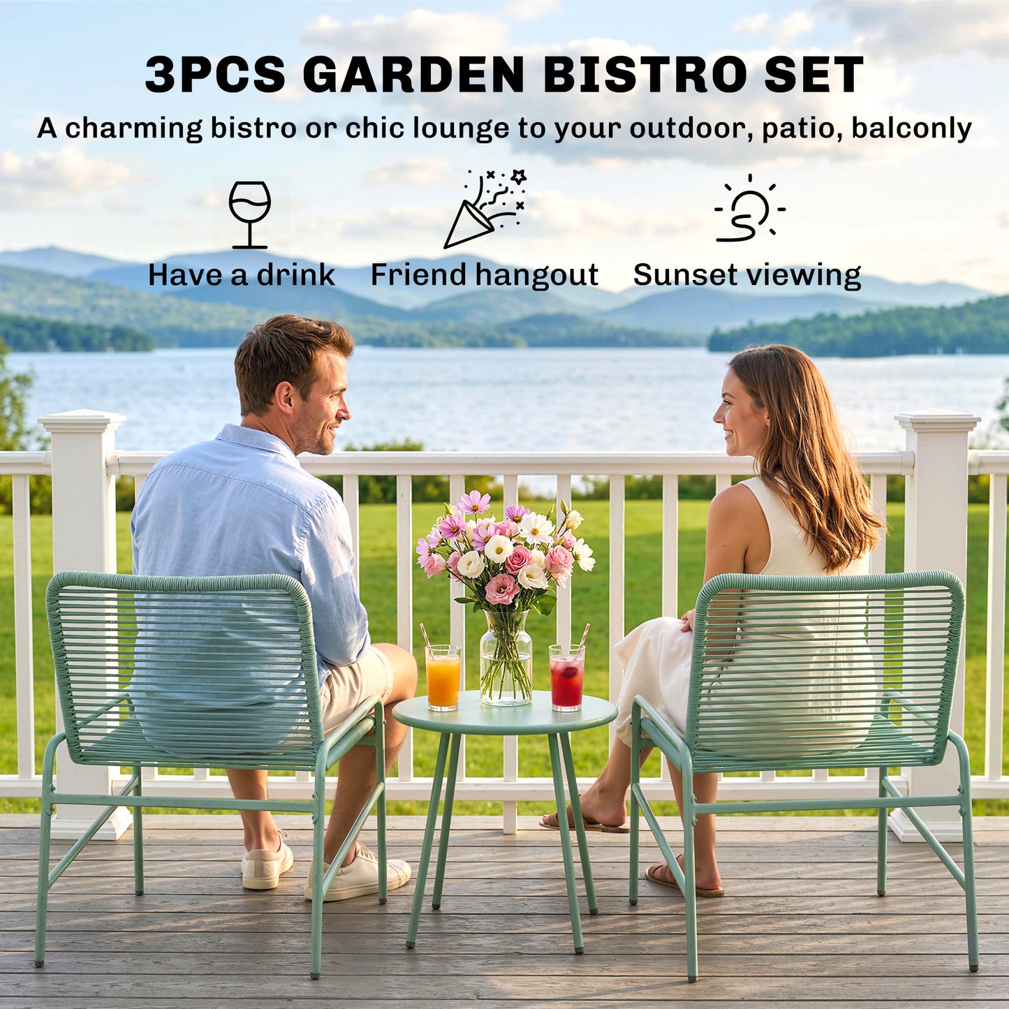 Rattan Bistro Set with 2 Chairs & Round Table for Patio, Green