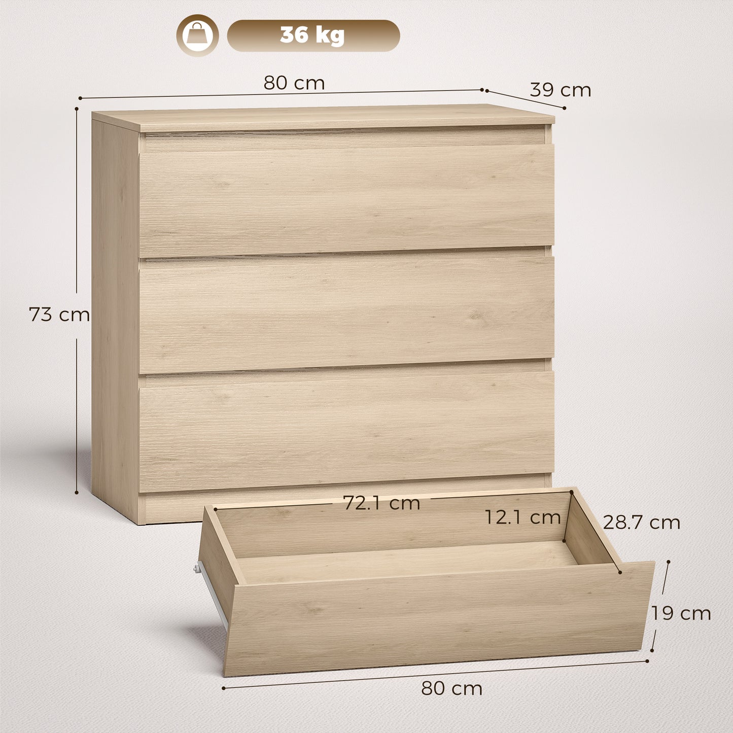3-Drawer Storage Organiser Unit for Living Room, Oak