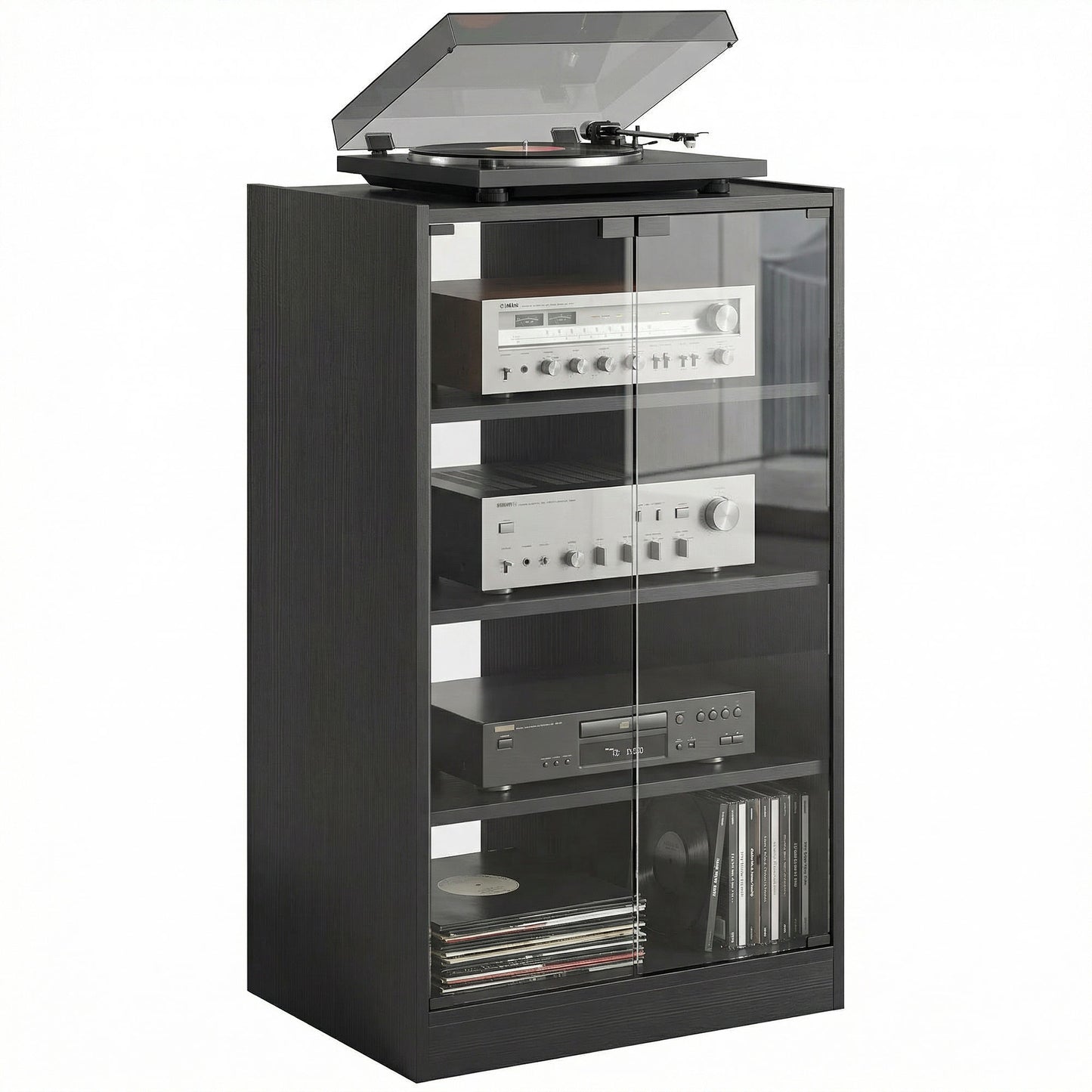 4-Tier Hi-Fi Stand with Adjustable Shelves, Black Wood-Effect