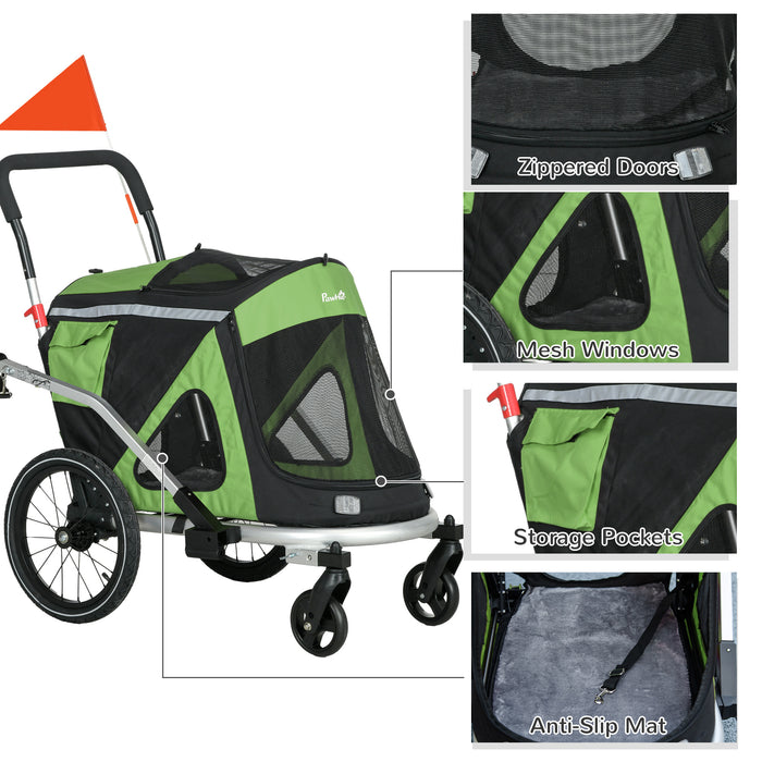 2 in 1 Aluminium Foldable Dog Bike Trailer, Pet Stroller, for Medium Dogs - Green