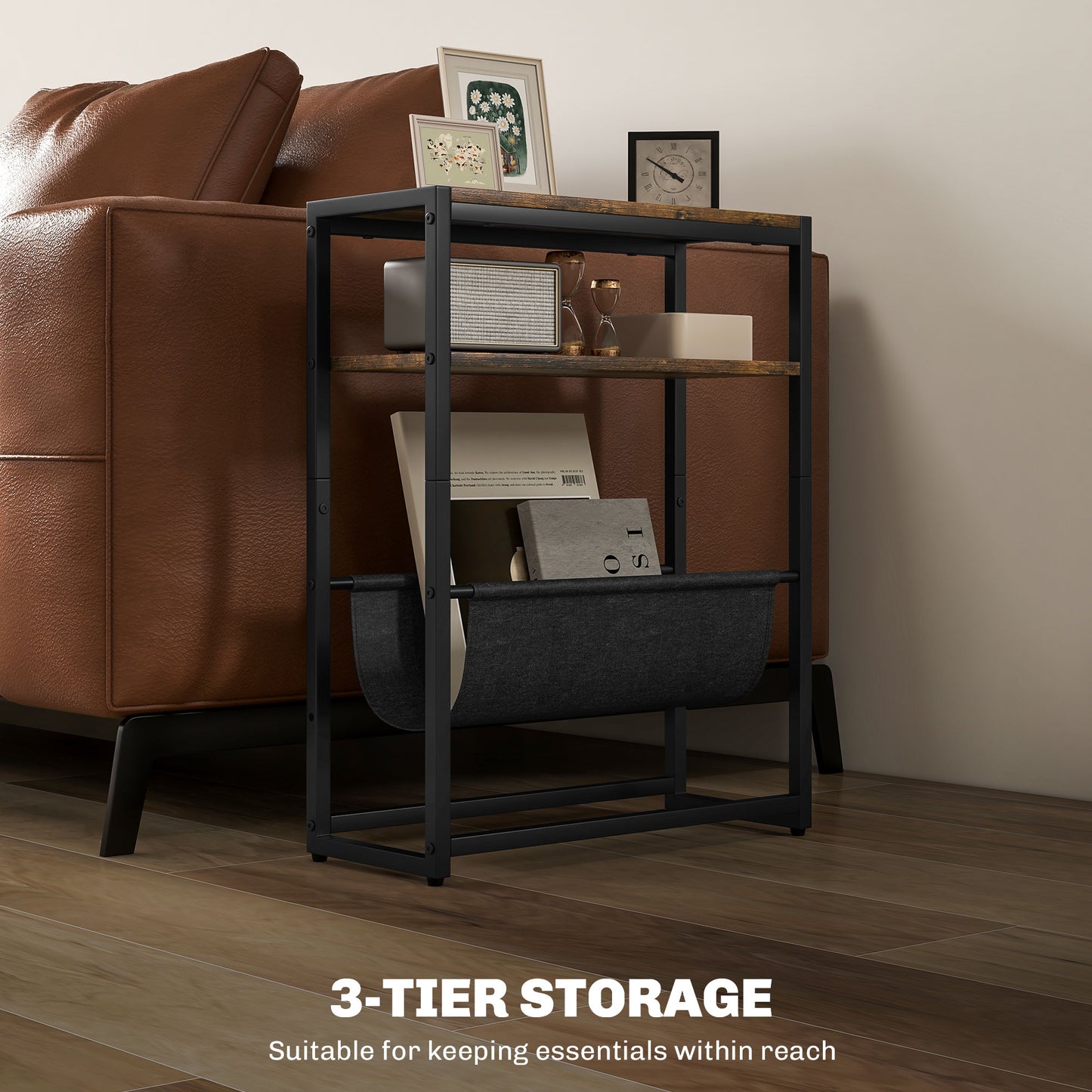 Narrow Side Table, End Table with 3-Tier Storage for Living Room
