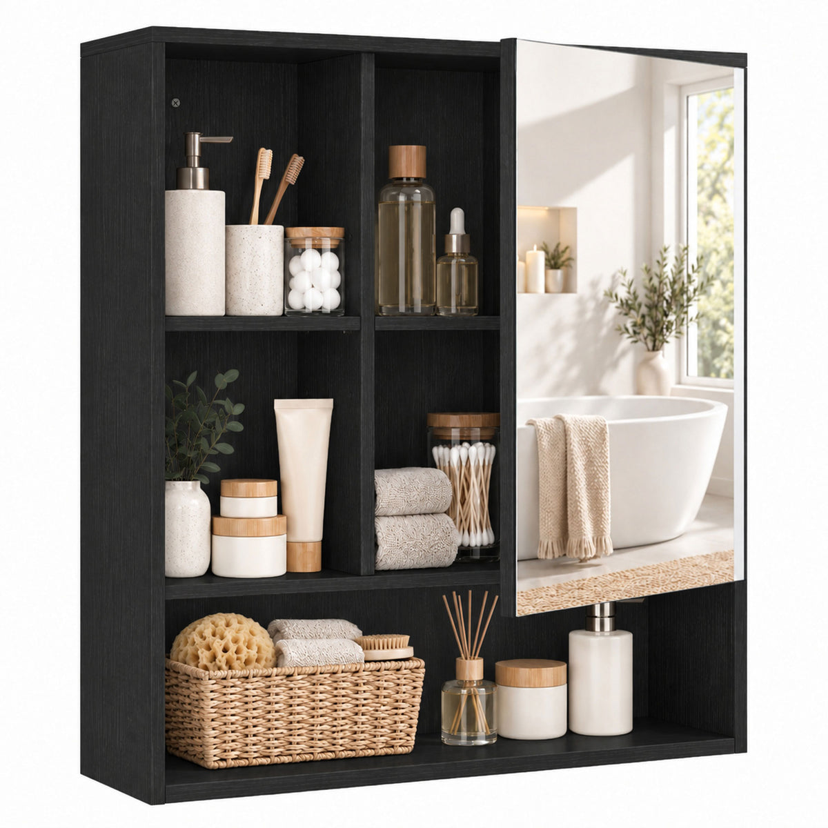 Wall-Mounted Bathroom Mirror Cabinet with Adjustable Shelves - Black Wood Effect