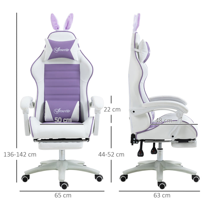 Racing Gaming Chair, Reclining PU Leather Computer Chair with Removable Rabbit Ears, Footrest, Headrest and Lumber Support, Purple