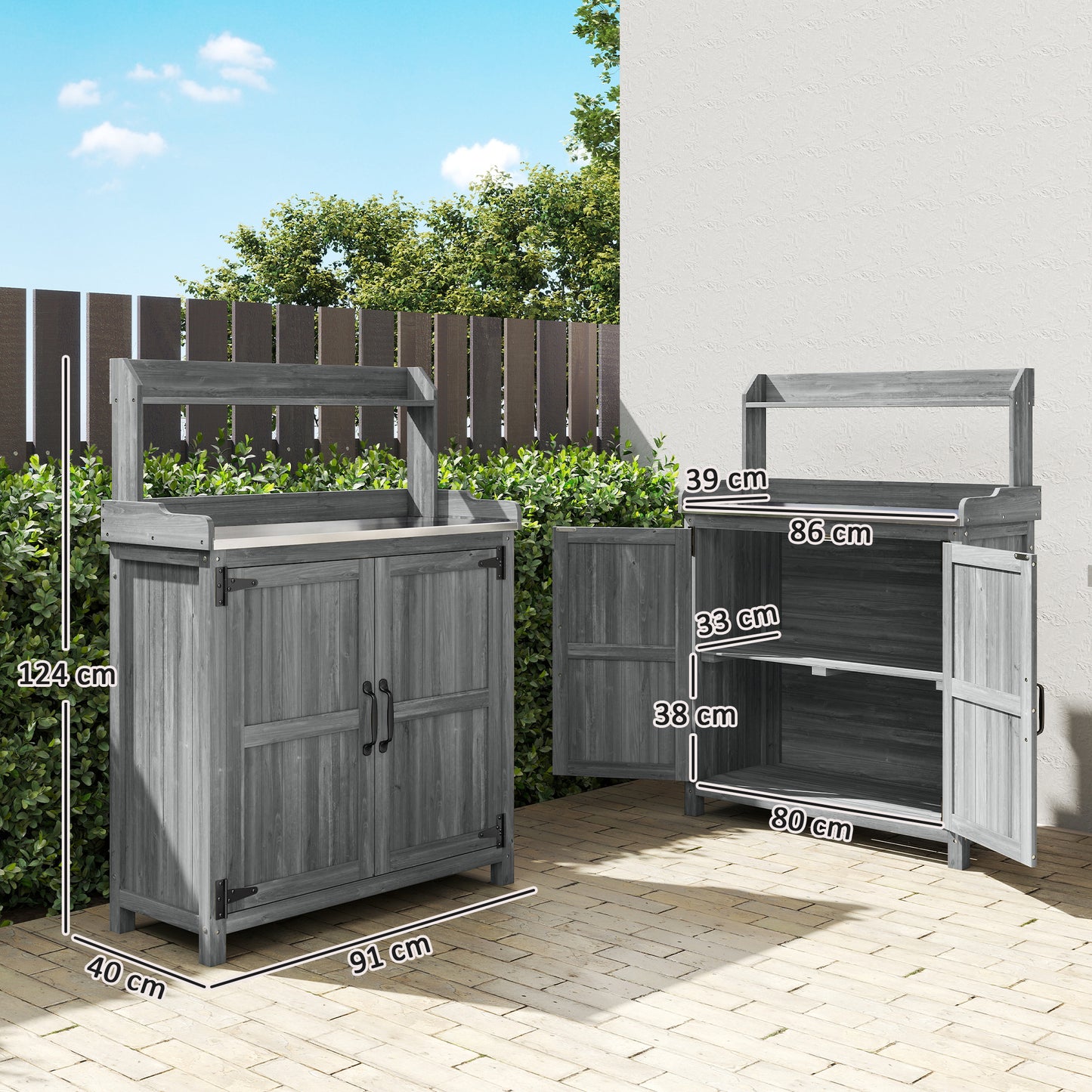 Wooden Potting Bench Table with Aluminium Worktop and Top Shelf