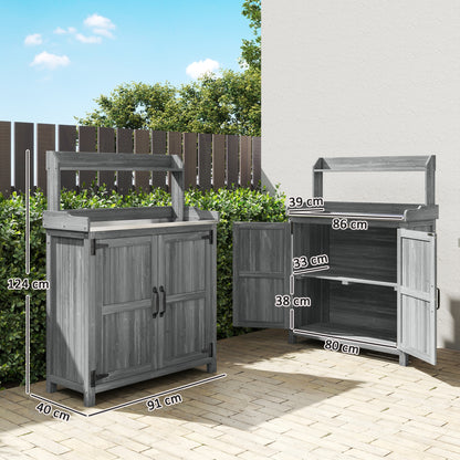 Wooden Potting Bench Table with Aluminium Worktop and Top Shelf