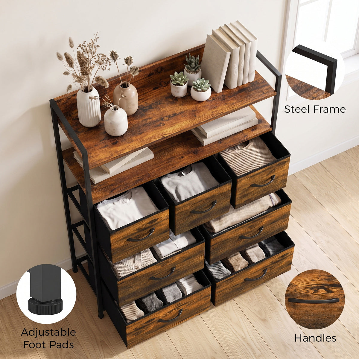 7-Drawer Fabric Chest with 2 Shelves and Steel Frame - Rustic Brown
