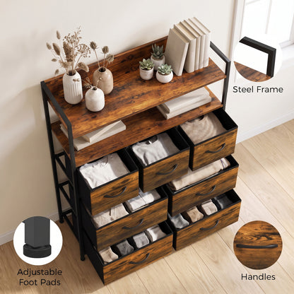 7-Drawer Fabric Chest with 2 Shelves and Steel Frame - Rustic Brown