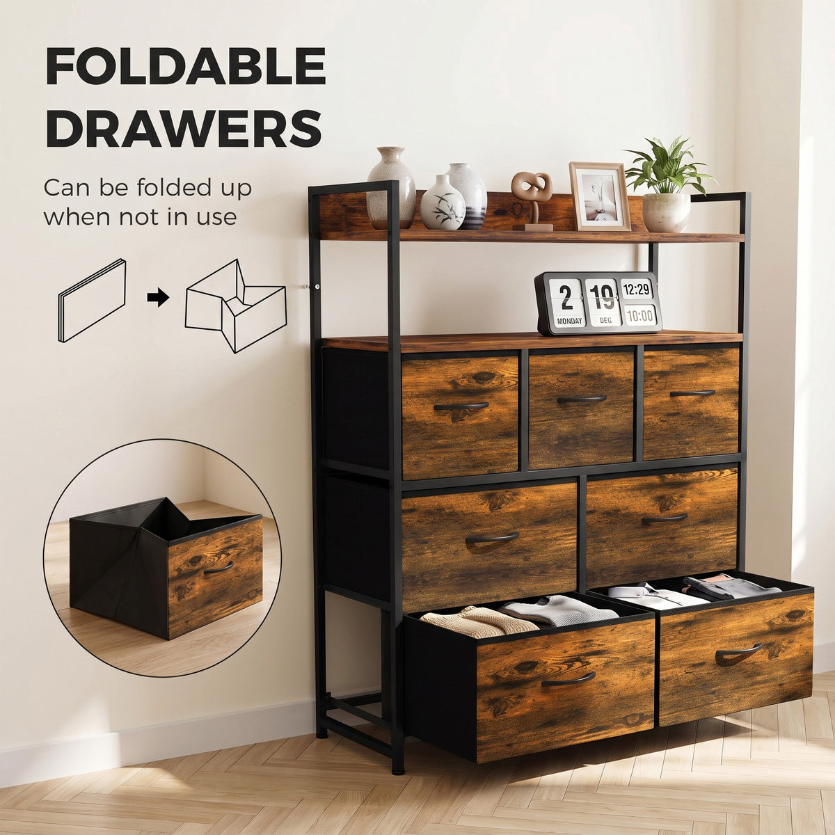 7-Drawer Fabric Chest with 2 Shelves and Steel Frame - Rustic Brown