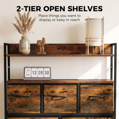 7-Drawer Fabric Chest with 2 Shelves and Steel Frame - Rustic Brown