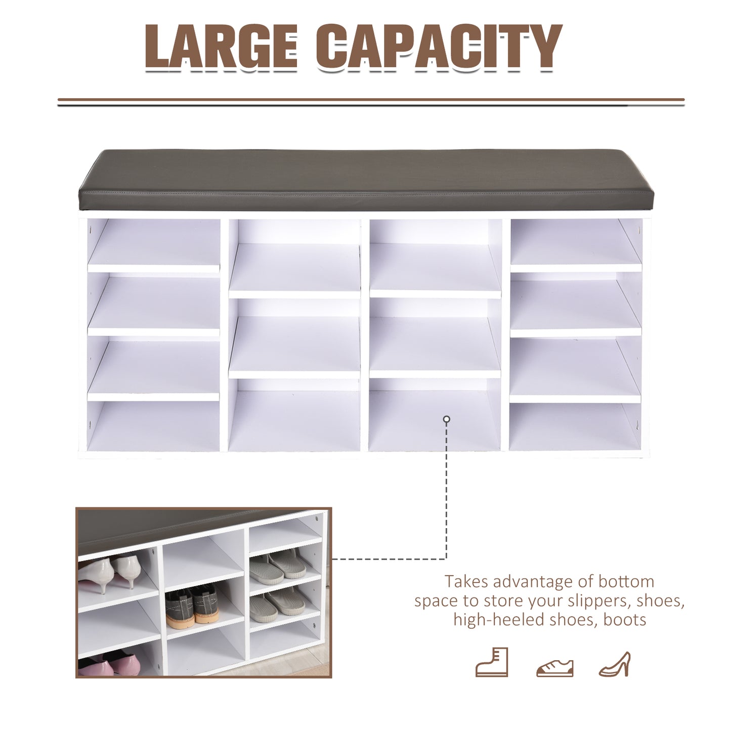 Multi-Storage Shoe Rack 14 Compartments Cushion Moving Shelves Home White