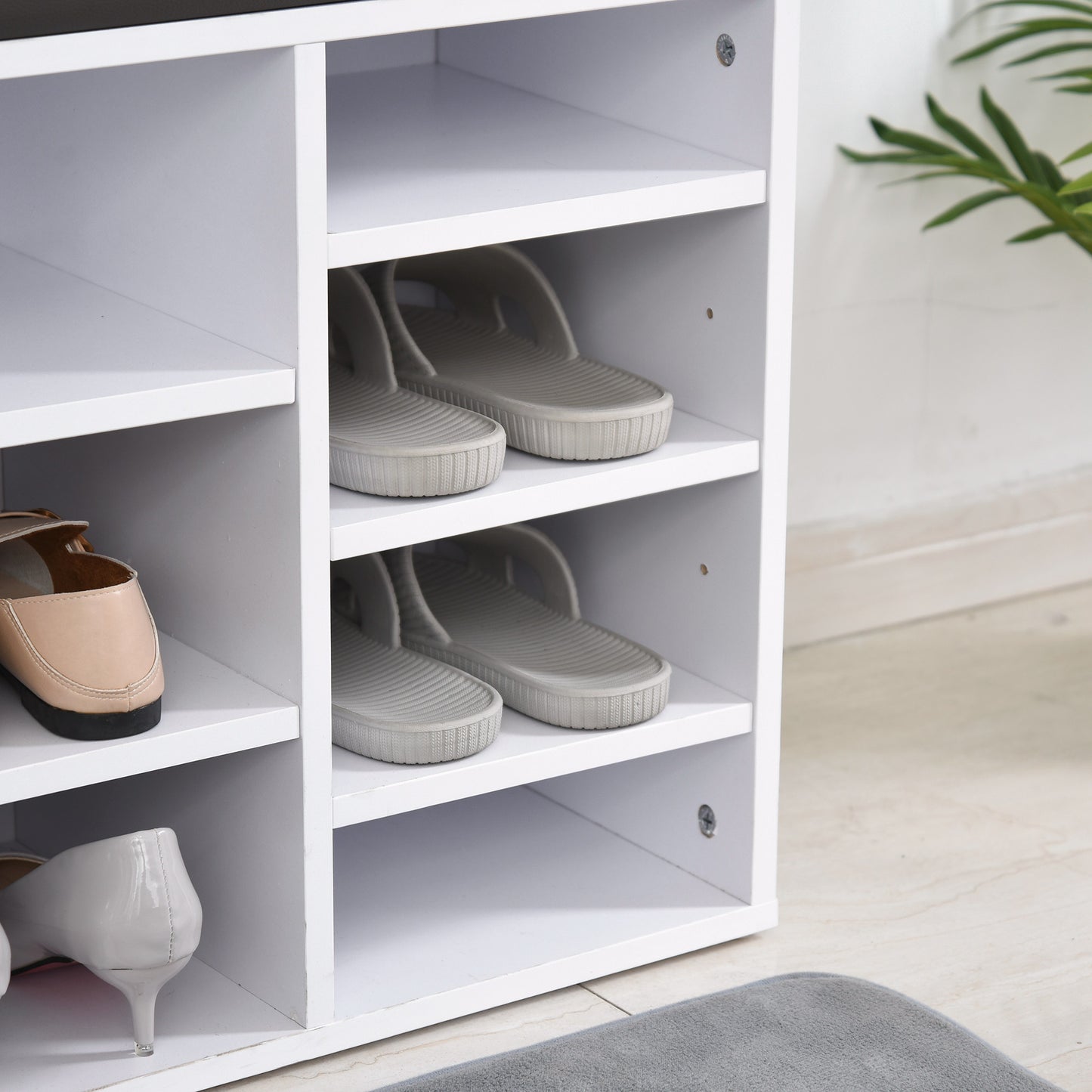 Multi-Storage Shoe Rack 14 Compartments Cushion Moving Shelves Home White