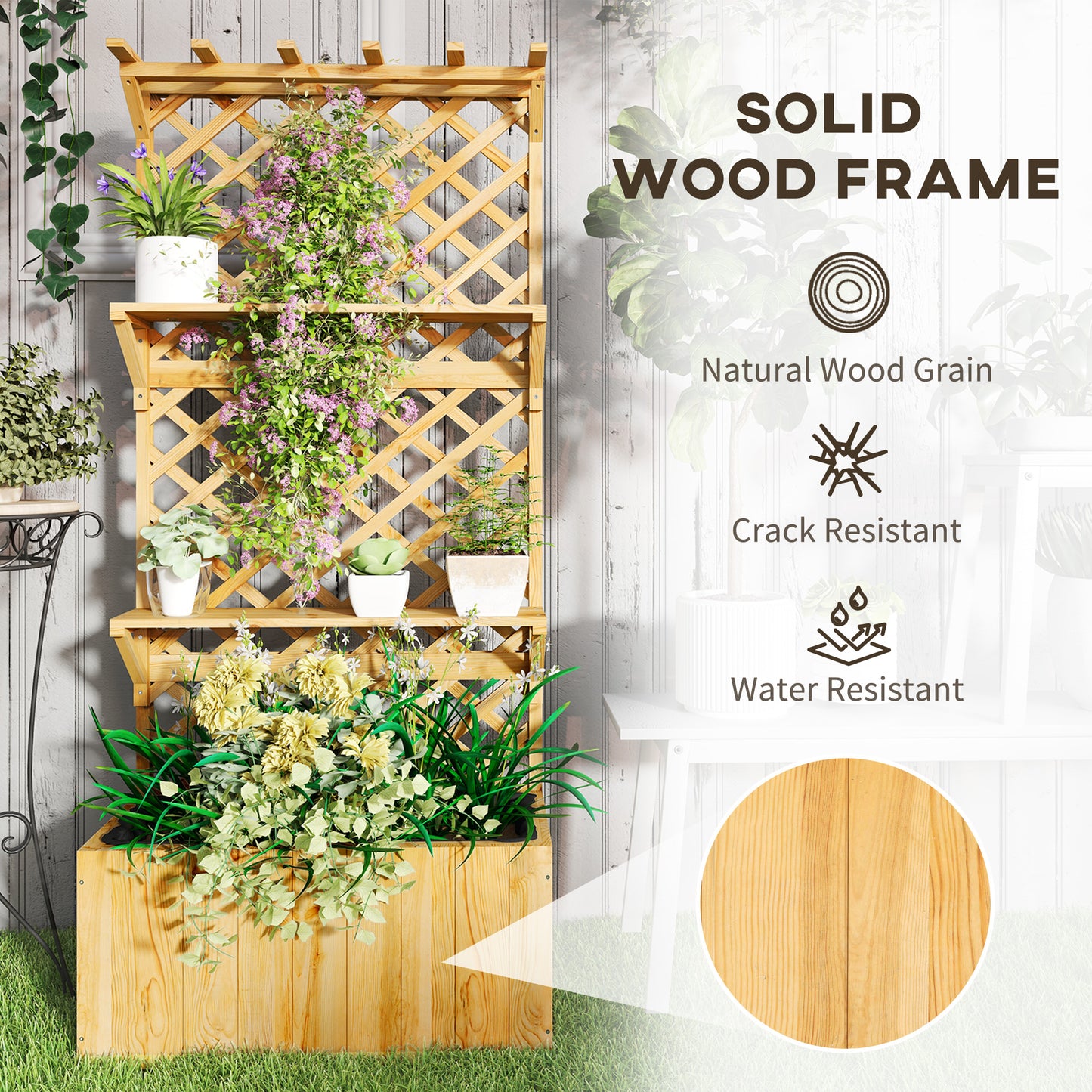 Wooden Raised Planter with Trellis and 2 Shelves, Nature Wood