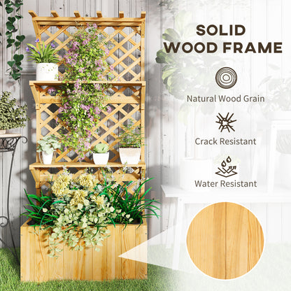 Wooden Raised Planter with Trellis and 2 Shelves, Nature Wood