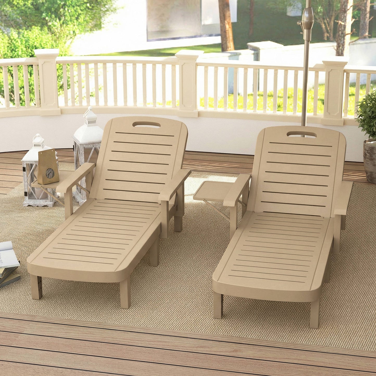 Set of 2 Resin Reclining Sun Loungers for Garden, Khaki
