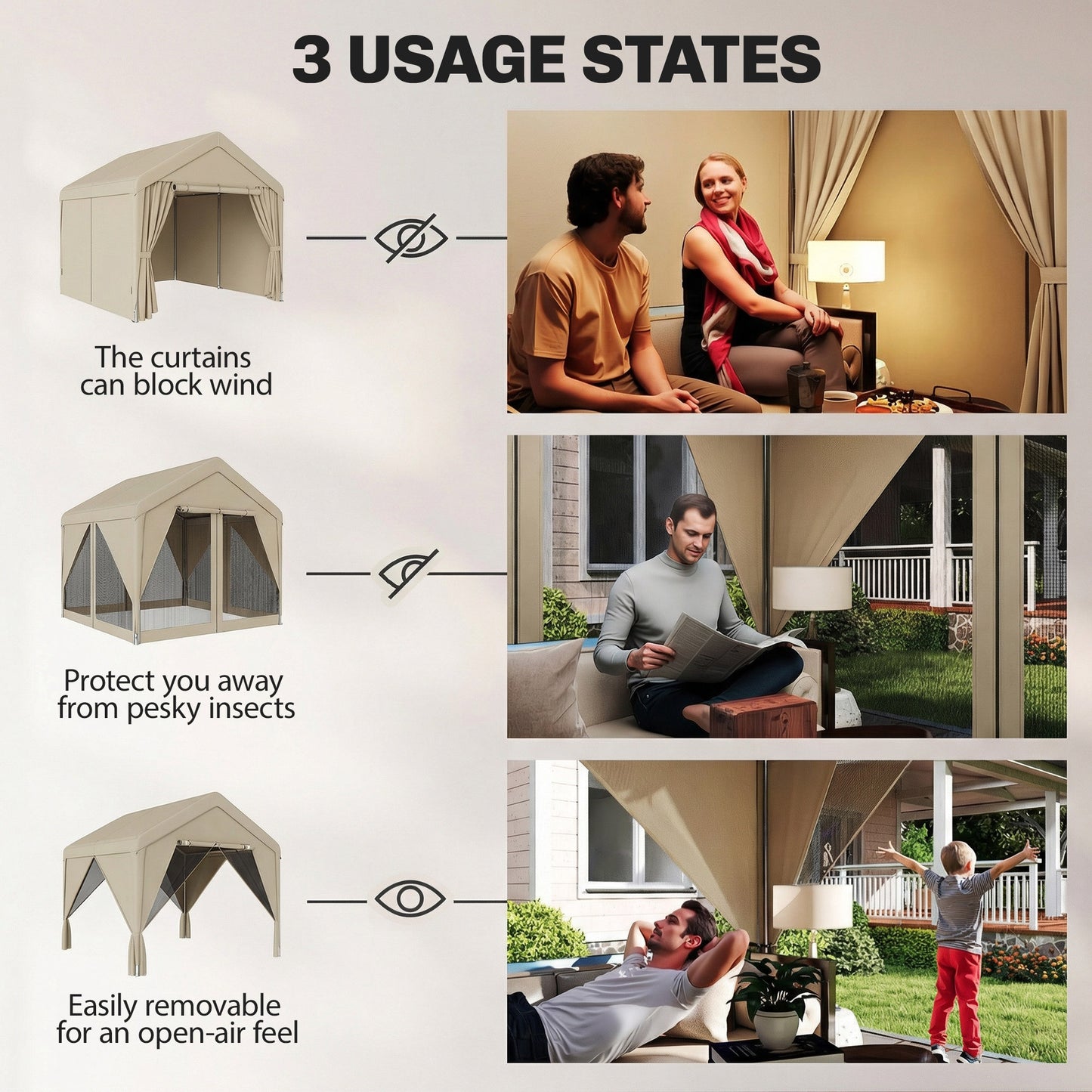 3 x 3 m Outdoor Patio Gazebo with Netting and Curtains, Khaki