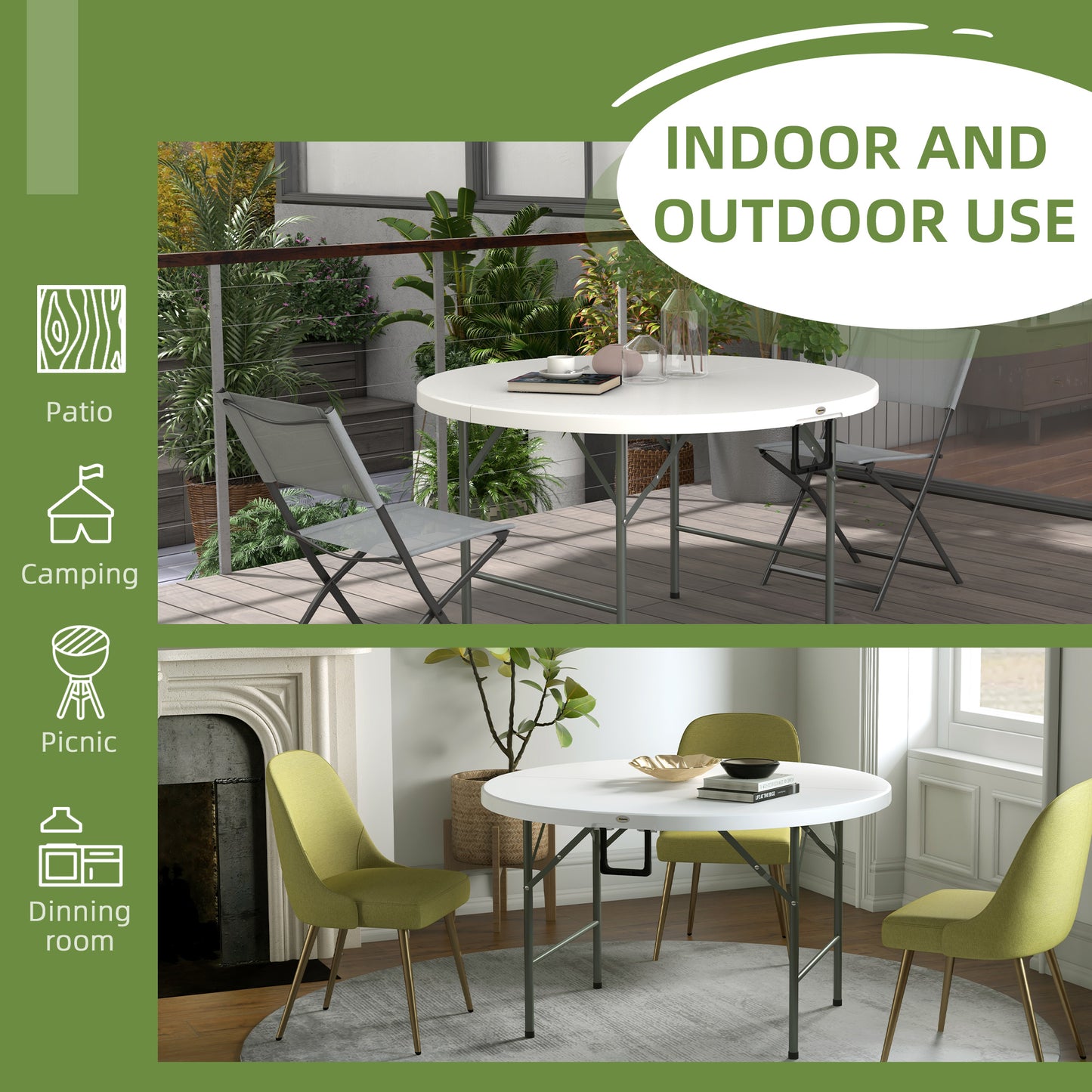 Folding Garden Outdoor Table For 6 - With Metal Frame, White