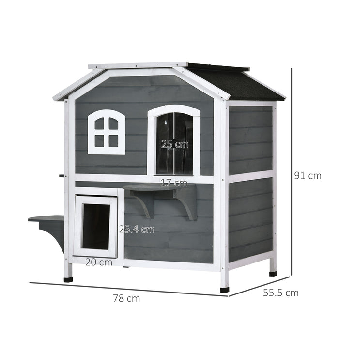 Solid Wood Cat Condos Pet House Water Proof Outdoor 2-Floor Villa, Grey