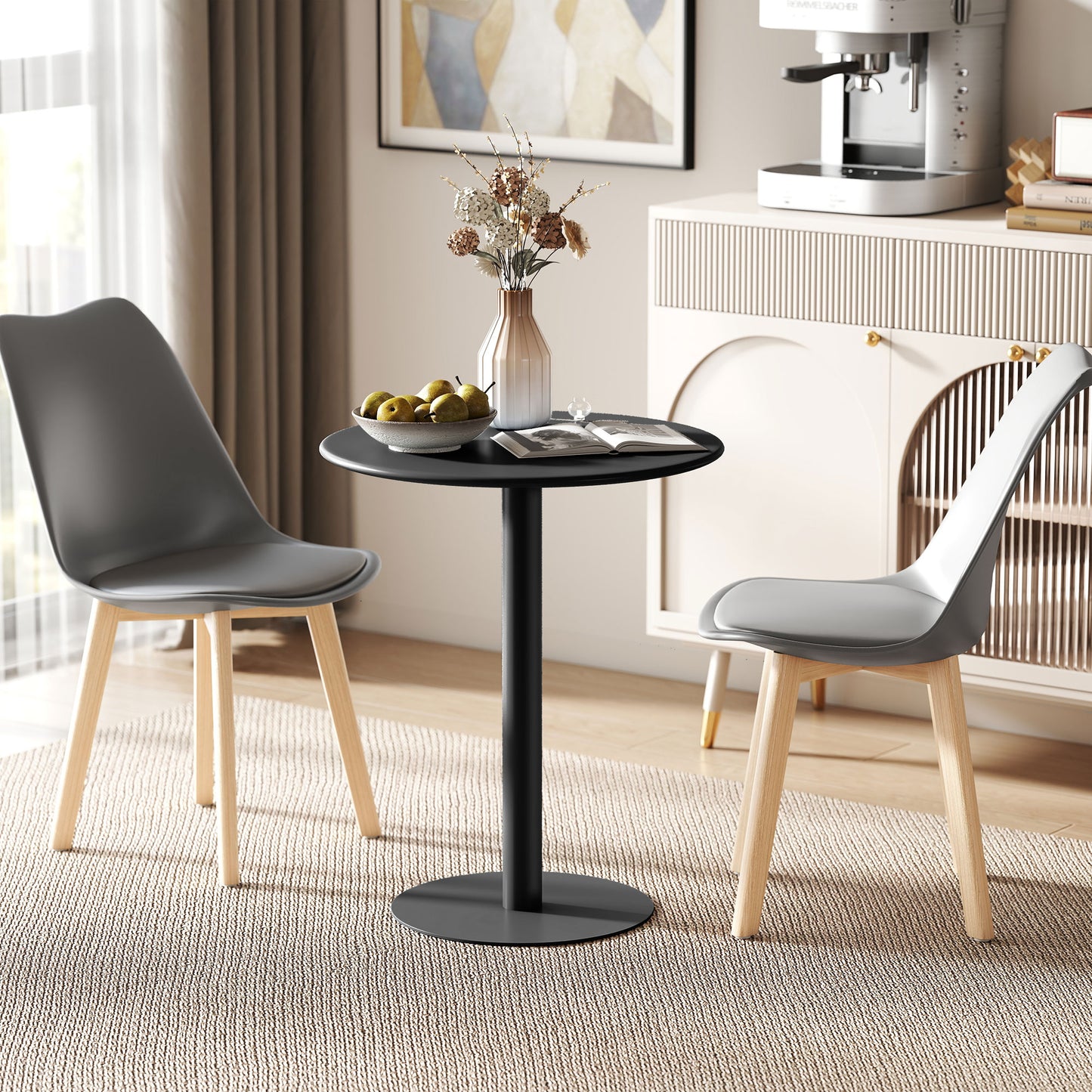 Dining Table, 60 cm Round Kitchen Table for 2 with Steel Base, Black