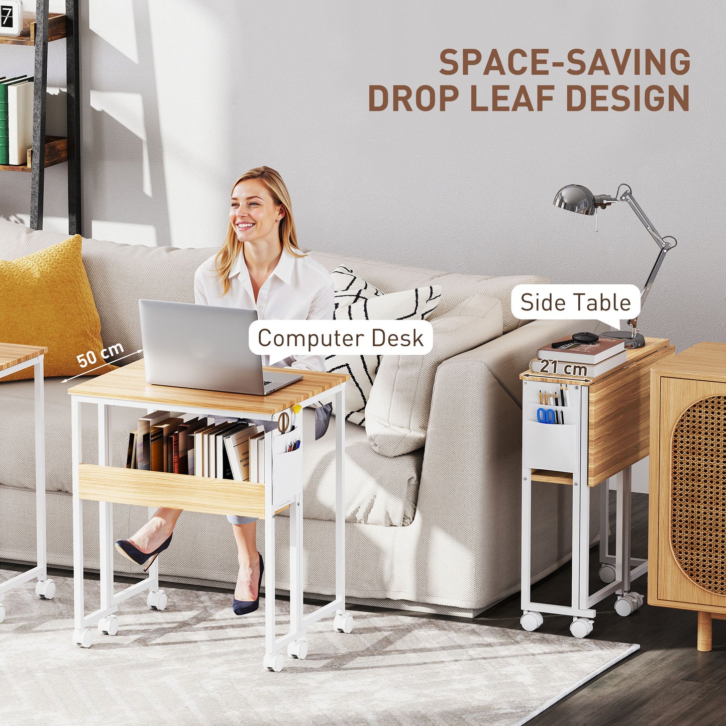 63 cm Foldable Computer Desk on Wheels for Small Spaces Natural
