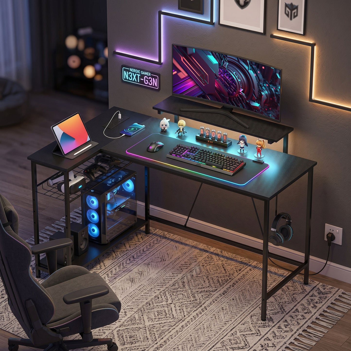 L Shaped Desk with LED Lights and Storage, Black