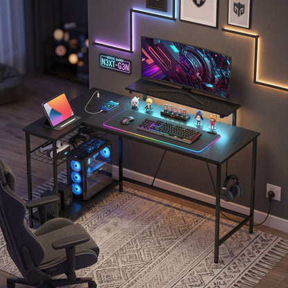 L Shaped Desk with LED Lights and Storage, Black
