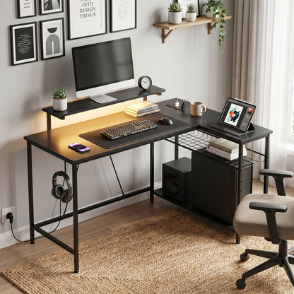 L Shaped Desk with LED Lights and Storage, Black