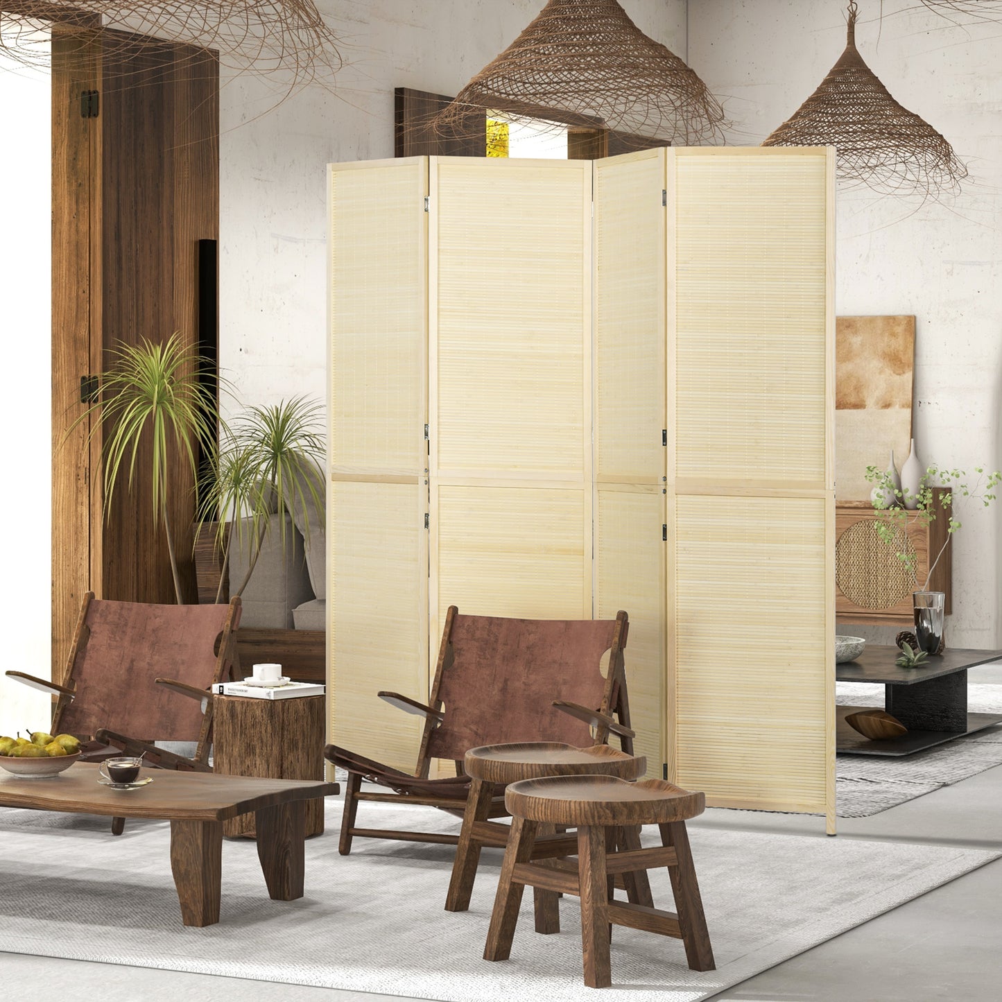 Freestanding Room Divider 4 Panel Folding Natural, 180 x 180cm