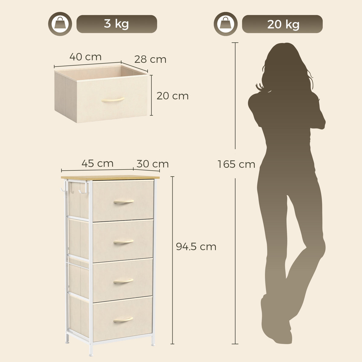 Fabric Chest of Drawers, 4 Drawer Dresser for Bedroom, Beige