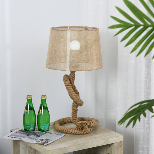 Nautical Style Rope-Base Table Lamp w/ Fabric Lampshade Metal Frame Power Switch Unique Lighting Furnishing Bedroom Living Room Study Beige