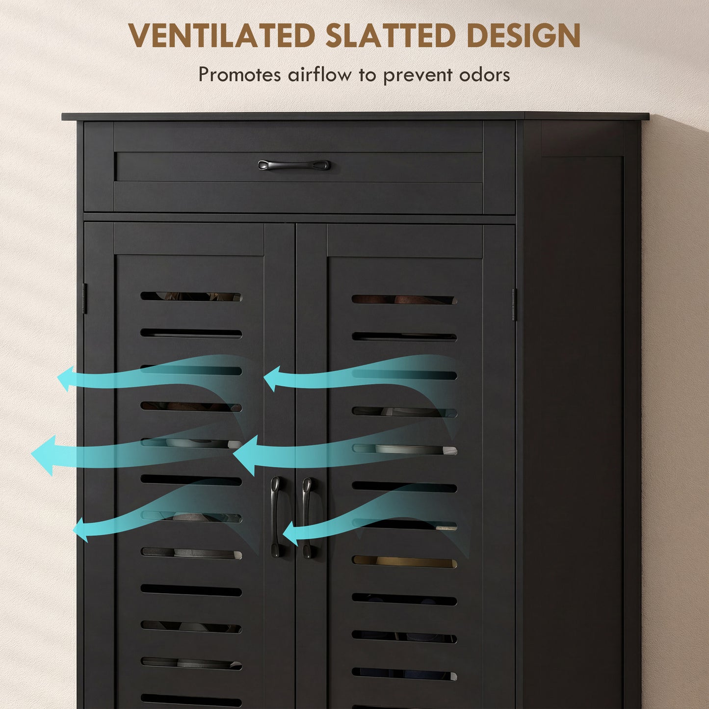 Modern Shoe Storage Cabinet with Louvered Doors and Drawer, Black