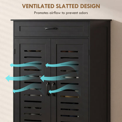 Modern Shoe Storage Cabinet with Louvered Doors and Drawer, Black