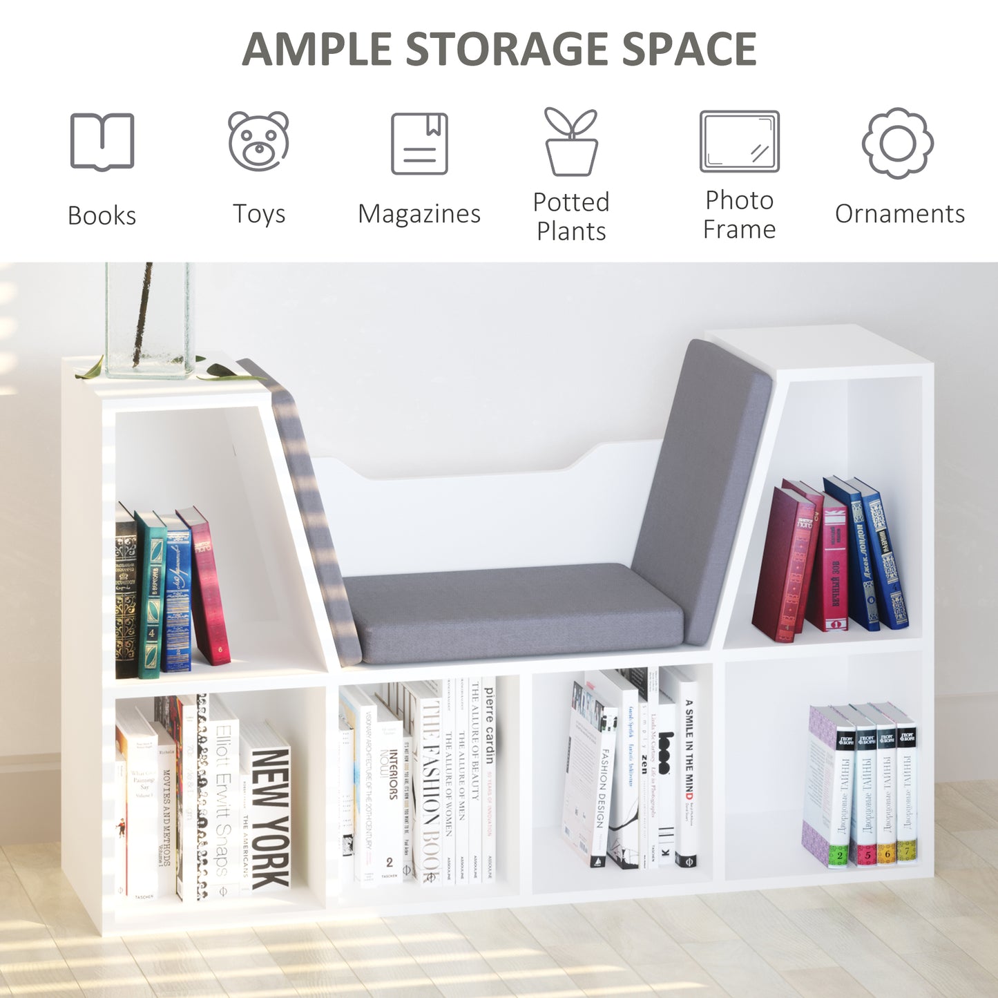 HOMCOM Bookcase Storage Shelf with Cushioned Reading Seat, Cube Bookshelf Organizer for Bedroom Living Room, White