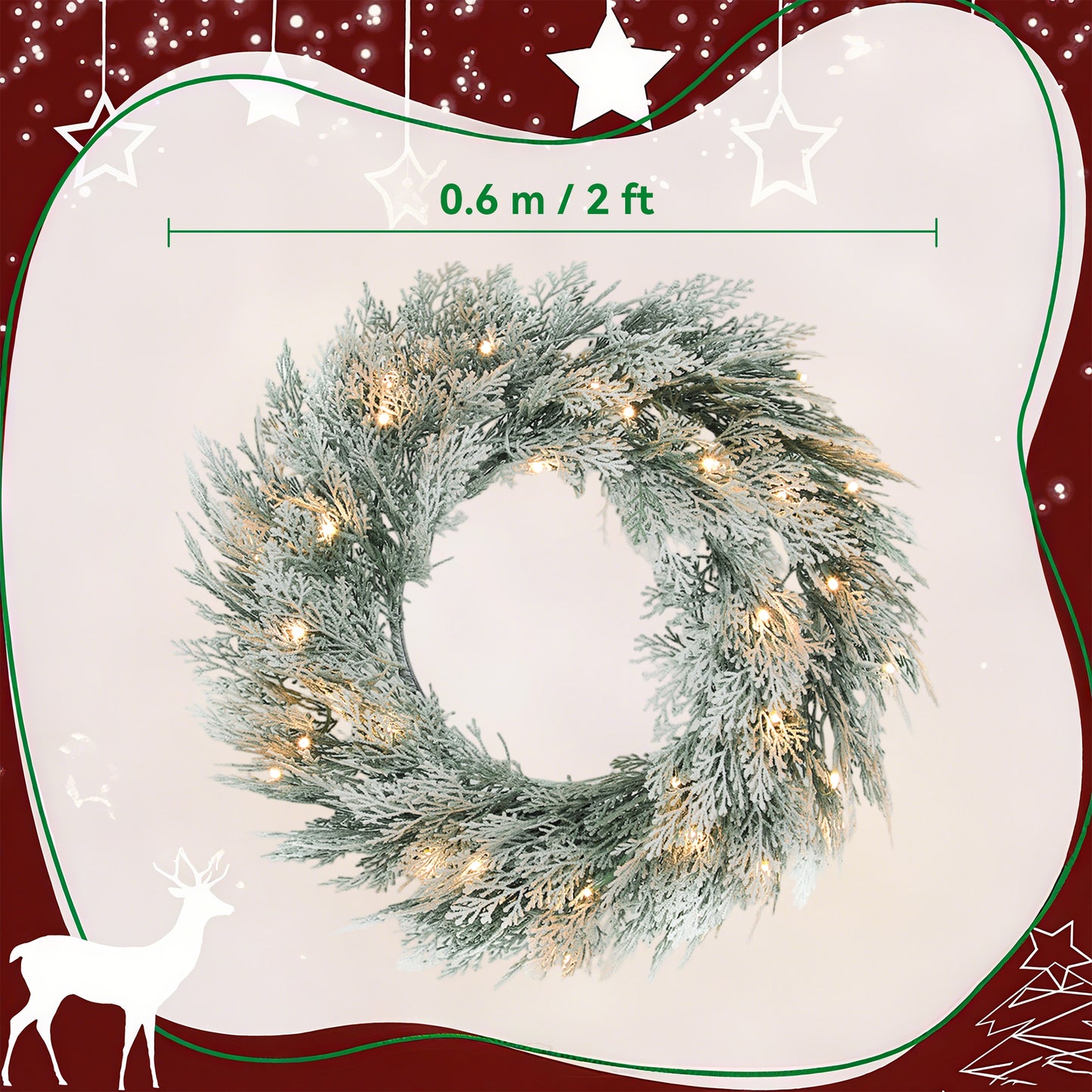 60 cm Prelit Christmas Wreath, Flocked Front Door Wreath with Timer