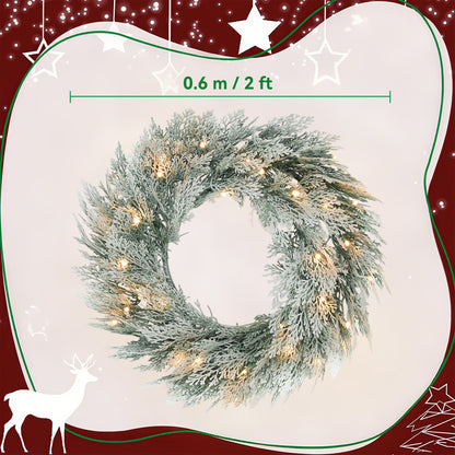 60 cm Prelit Christmas Wreath, Flocked Front Door Wreath with Timer