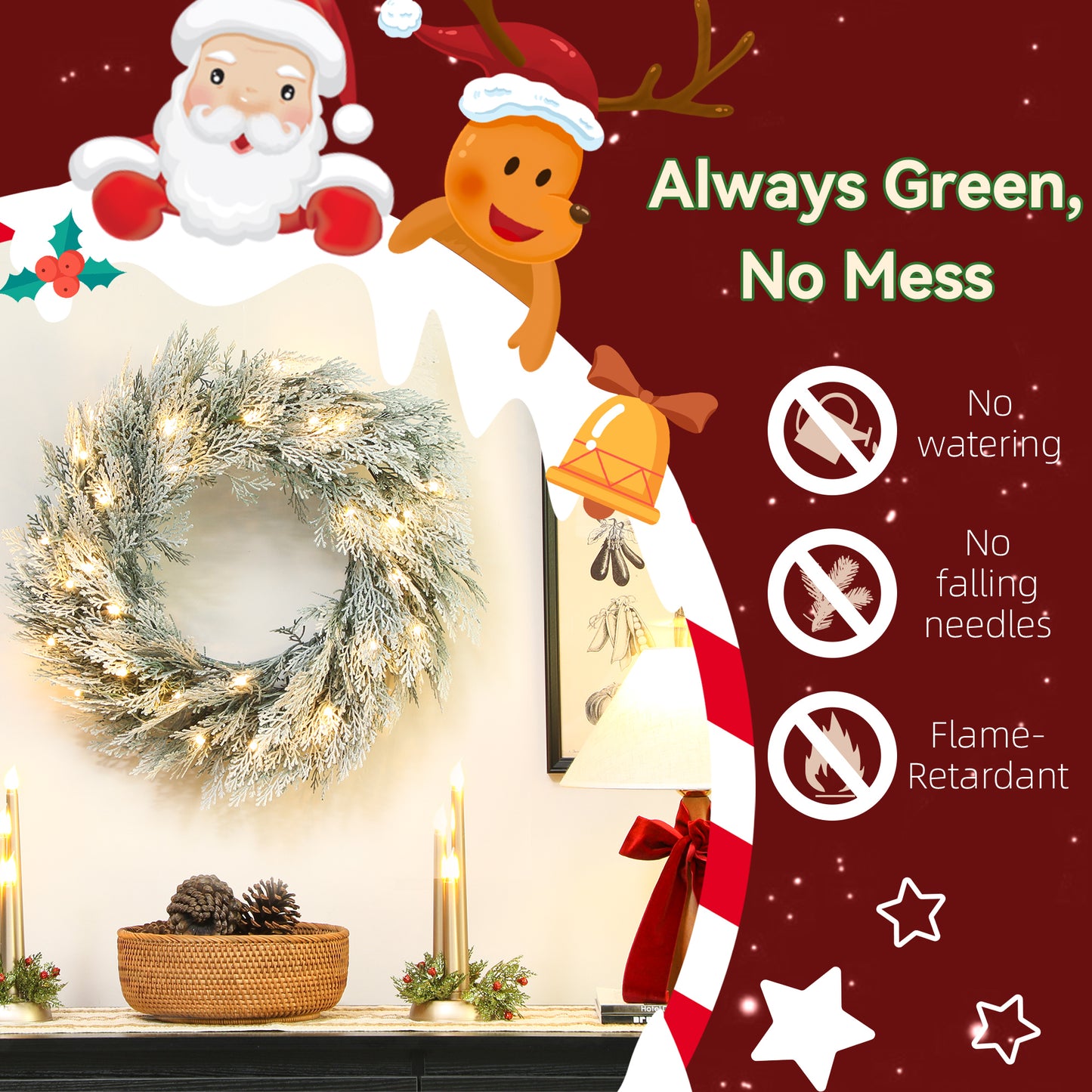 60 cm Prelit Christmas Wreath, Flocked Front Door Wreath with Timer