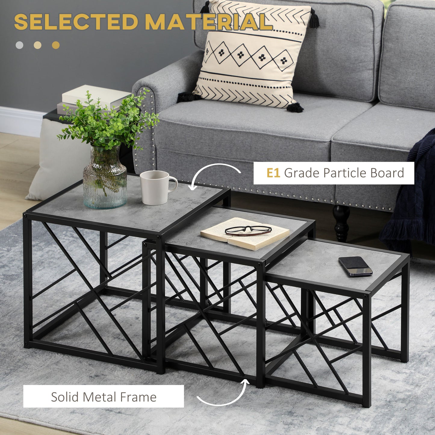 Set of 3 Nesting Coffee Tables Square End Tables w/ Metal Frame, Grey